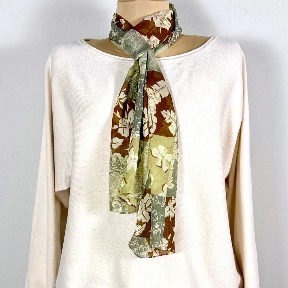Patchwork Print Silk Scarf Floral Brown‎ Beige Oblong Lightweight Accessory